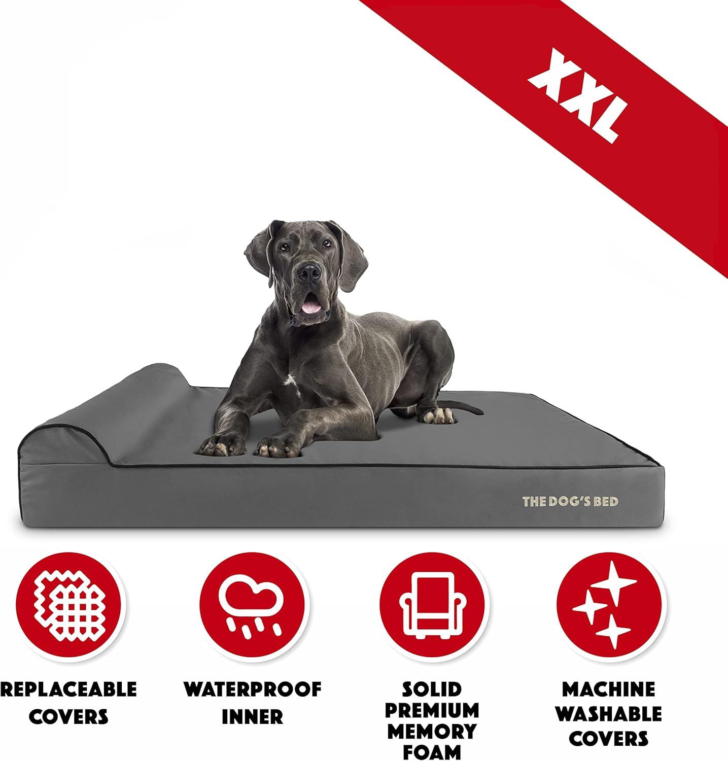 The Dog’s Bed Orthopedic Headrest Dog Bed XXL Grey/Black 54x36, Memory Foam, Pain Relief for Arthritis, Hip & Elbow Dysplasia, Post Surgery, Lameness, Veterinary Approved, Waterproof Washable Cover - Pet Explorer