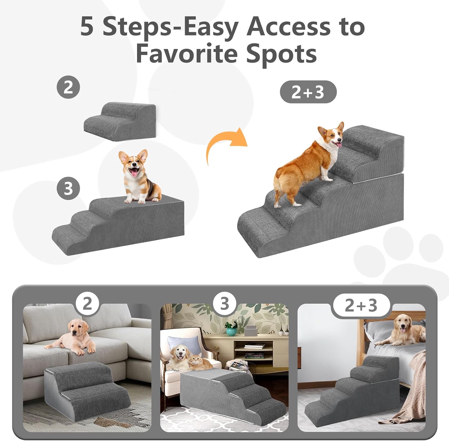 𝟱 𝗦𝘁𝗲𝗽𝘀 Dog Stairs for High Beds, 21.3" Tall Pet Steps for Small to Large Dogs & Cats, Waterproof with Removable Cover & PE Support Board for Bed, Couch, or Car - Pet Explorer