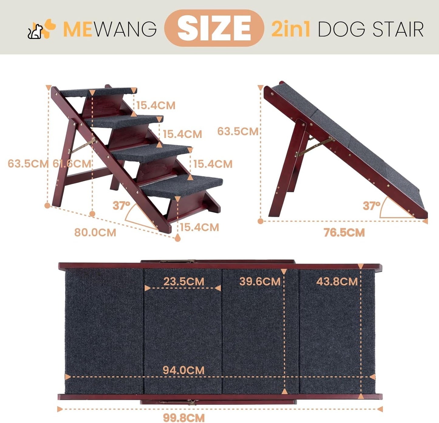 MEWANG Wooden Pet Stairs/Pet Steps - 3-in-1 Foldable Stairs & Ramp for Tall Beds and Cars - Portable Dog/Cat Ladder Up to 220 Pounds - for Small and Older Animals(Brown) (31.5" L x 17.2" W x 25.0" H) - Pet Explorer