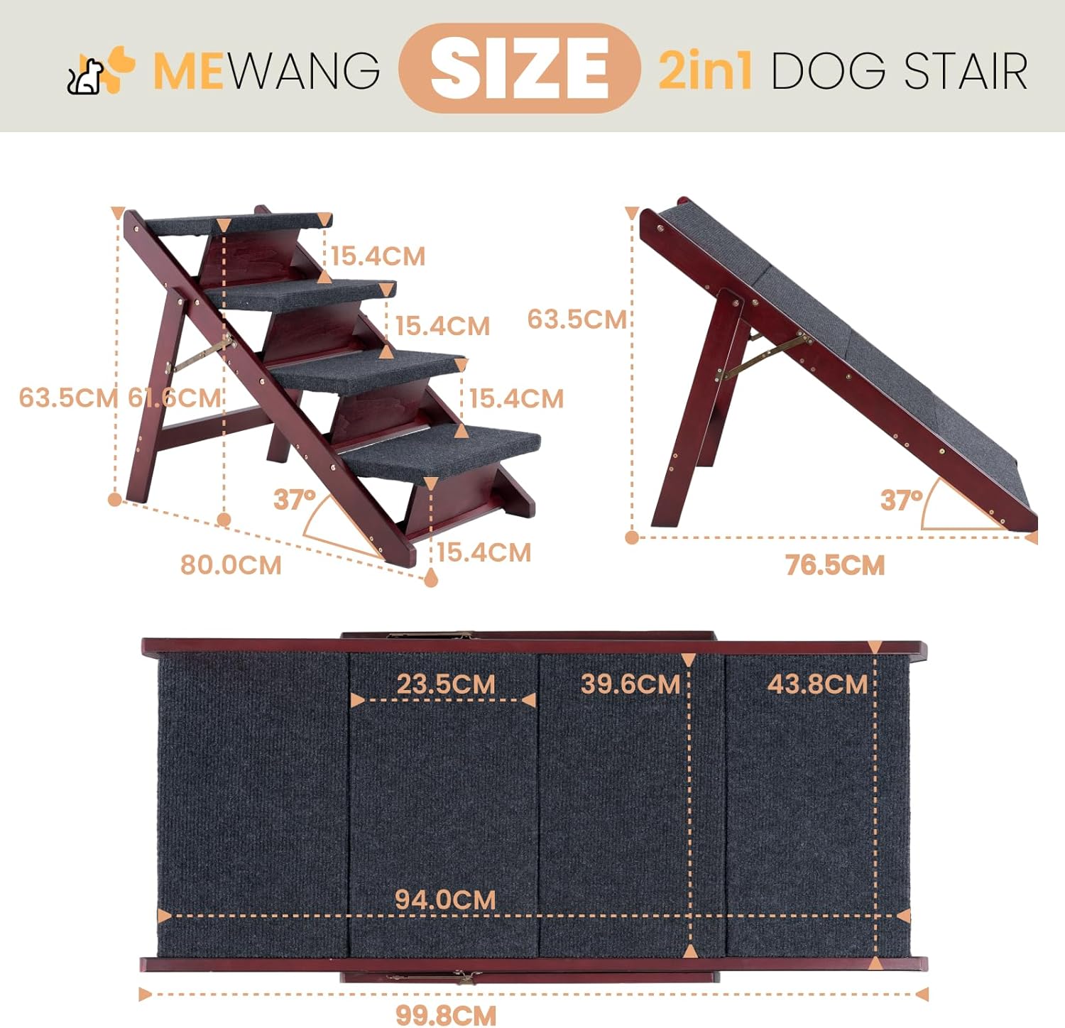 MEWANG Wooden Pet Stairs/Pet Steps - 3-in-1 Foldable Stairs & Ramp for Tall Beds and Cars - Portable Dog/Cat Ladder Up to 220 Pounds - for Small and Older Animals(Brown) (31.5" L x 17.2" W x 25.0" H) - Pet Explorer