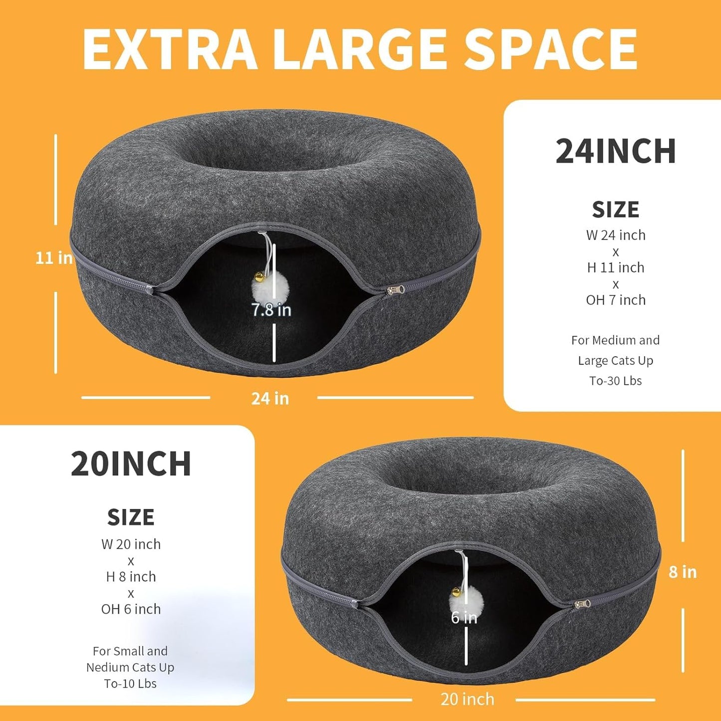 Jia Xi Indoor Cat Hideout, Donut Cat Bed, Universal for All Seasons Cat Condo and Cat Cave (24 in * 24 in * 11 in) Dark Grey - Pet Explorer