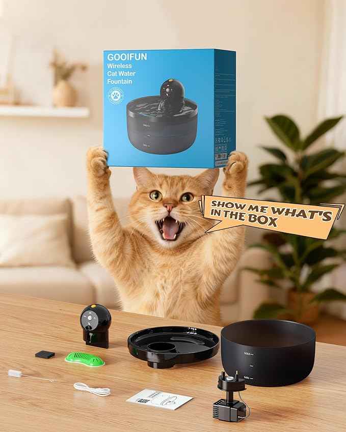 Pet Water Fountain Battery Operated: GOOIFUN Cat Water Fountains with 8 Filters + 8 Sponges - 88oz/2.6L Noiseless Cats Waterer Bowl Dispenser - Kitten Drinking Fountains for Cats Indoor