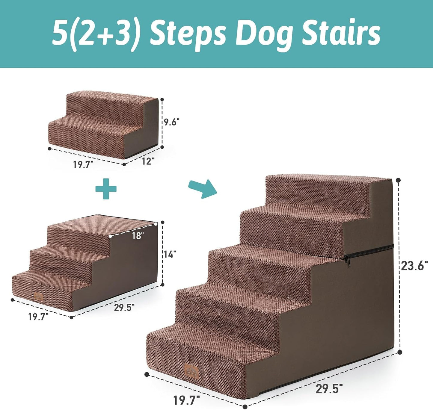 Dog Stairs for Small Dogs, 5 Tier Removable Wider Pet Stairs for Couch and Bed, 23.6" H Non-Slip Dog Steps for Puppies and Old Cats with Support Board, 29.5x19.7x23.6 inch, Brown - Pet Explorer