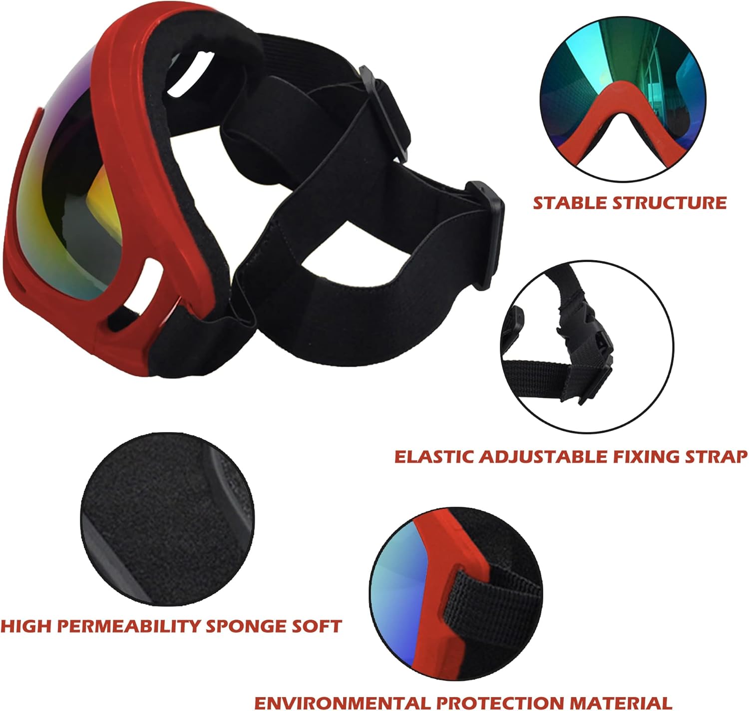 Winproof Adjustable Strap Dog Sunglasses, UV Protection, Soft Goggles (Red Frame) - Pet Explorer