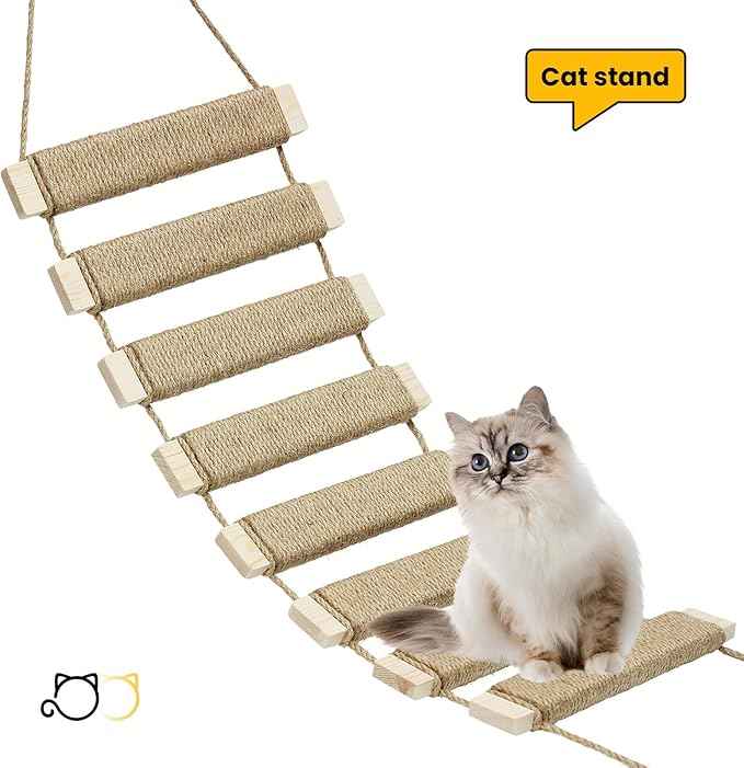20in Cat Ladder & Bridge, Outdoor Cat Tree with Jute Rope, Multi-Level Climbing Frame & Scratcher for Indoor/Outdoor Cats (Wood Tone, 20in)