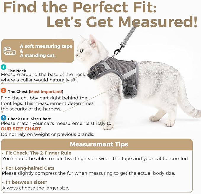 Cat Harness and Leash Escape Proof Kitten Harness Cat Leash for Walking Travel Service Cat Vest, Grey, Large
