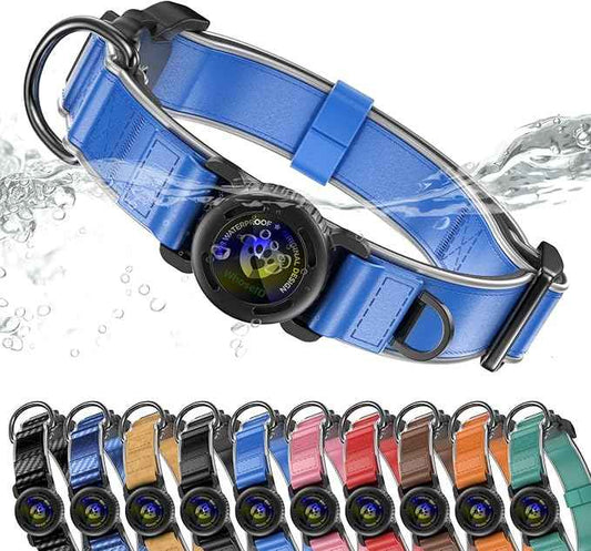 WhoseID Premium Leather Dog Collar for Large Dogs - IPX8 Waterproof AirTag Dog Collar | Magnetic Buckle Heavy Duty Collar | 450LB Escape-Proof | Reflective Dog Collar with AirTag Holder