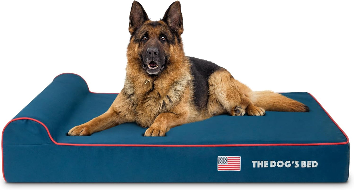 The Dog’s Bed Orthopedic Headrest Dog Bed XL Blue Oxford with Red Trim US Flag 46x28, Memory Foam, Hip & Elbow Dysplasia, Post Surgery, Lameness, Veterinary Approved, Waterproof Washable Cover - Pet Explorer