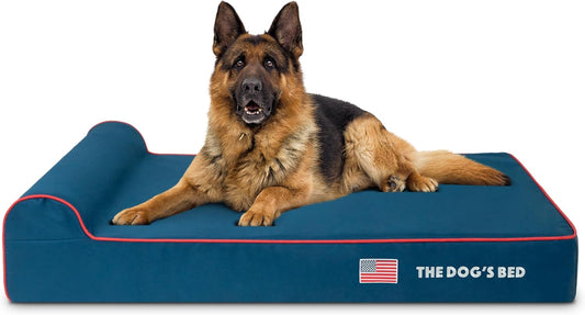 The Dog’s Bed Orthopedic Headrest Dog Bed XL Blue Oxford with Red Trim US Flag 46x28, Memory Foam, Hip & Elbow Dysplasia, Post Surgery, Lameness, Veterinary Approved, Waterproof Washable Cover - Pet Explorer