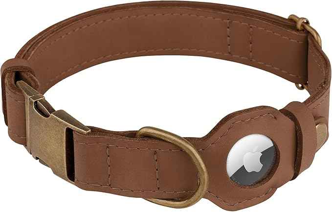 AirTag Dog Collar - Genuine Leather Dog Collar with Apple AirTag Holder and Metal Buckle - Smart GPS Tracking Pet Collars (Tawny, XL, 20"-25" Neck Fit)