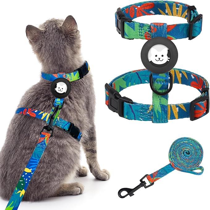 BINGPET Cat Harness with Airtag Holder, Cat Harness and Leash Set Escape Proof for Walking Travel Outdoor, Soft Adjustable Kitten Harnesses for Small Medium Large Cats, Green Leaves(Chest:12.5"-18")