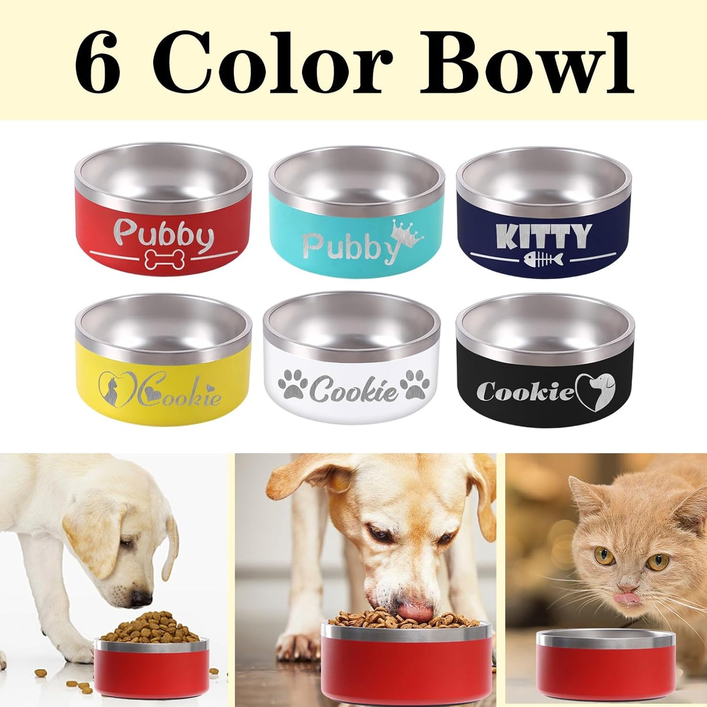 42OZ Personalized Dog Bowl Laser Engraved Custom Pet Name 18/32/42/64 oz No Slip Stainless Steel Insulated Bite-Resistant Food Water Dishes-White - Pet Explorer