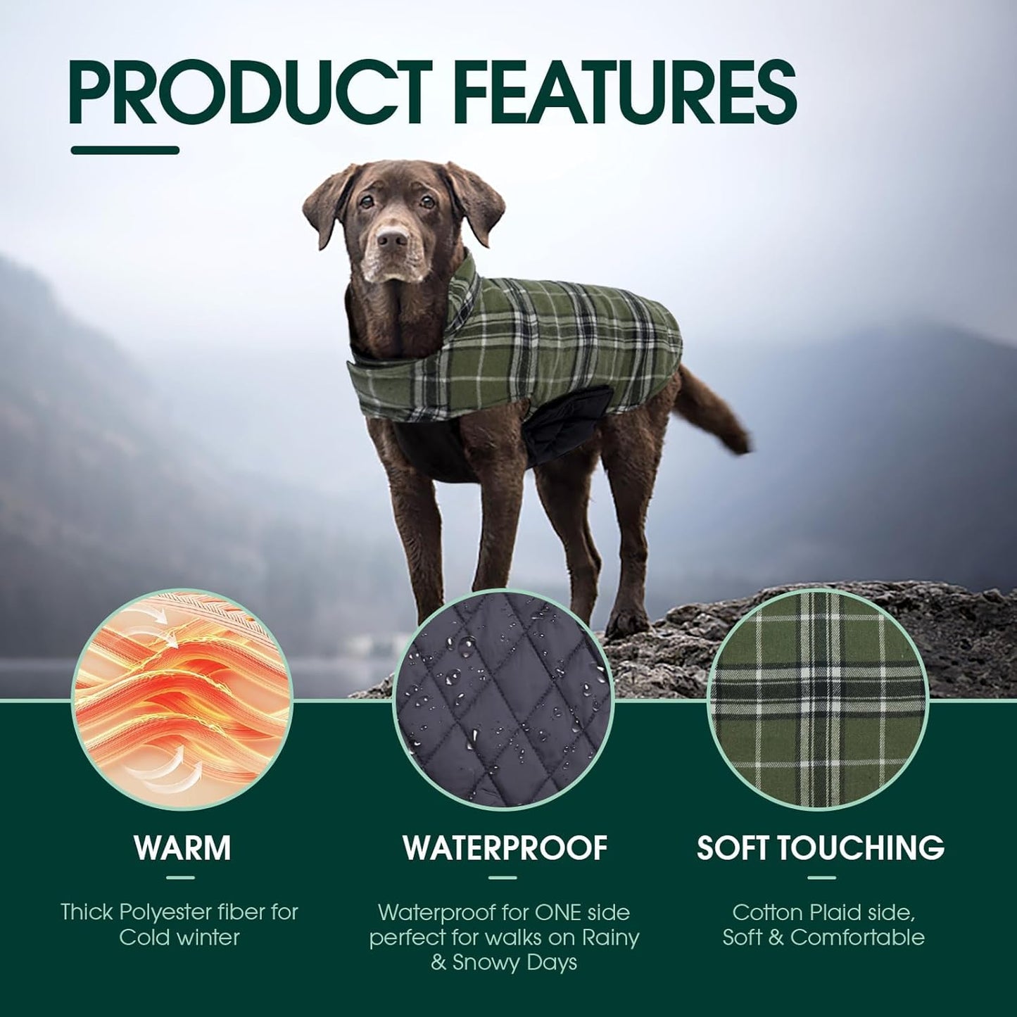 Kuoser Waterproof Dog Coat, Reversible Dog Jacket for Large Dogs, Adjustable Durable Doggie Winter Coat for Groowing Puppies Warm Puppy Cold Weather Apparel, Blue L