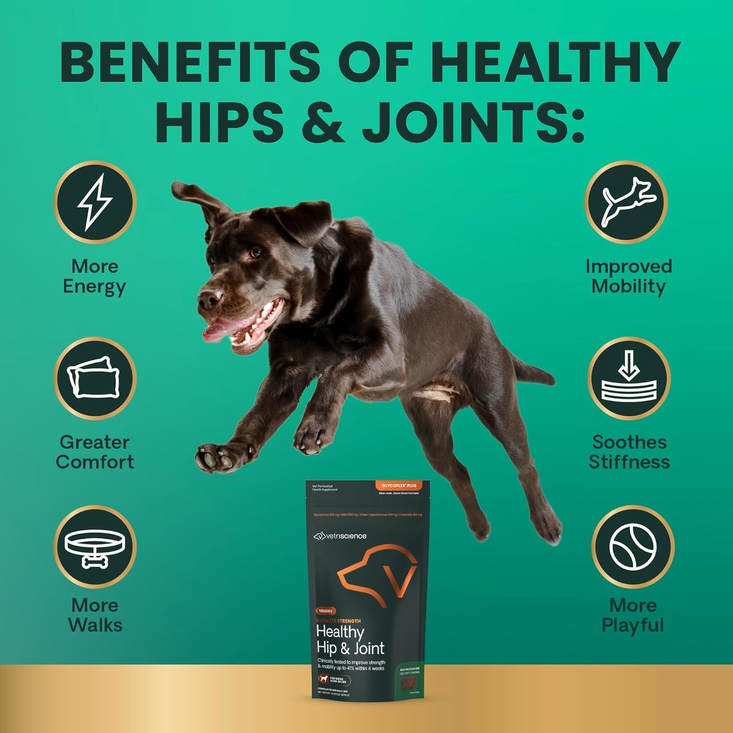 VetriScience GlycoFlex Ultimate Strength Healthy Hip & Joint Glucosamine Supplements for Dogs, with MSM, Chondroitin & Green-Lipped Mussel, Soft Chews, Bacon, 120 Count - New Look - Pet Explorer