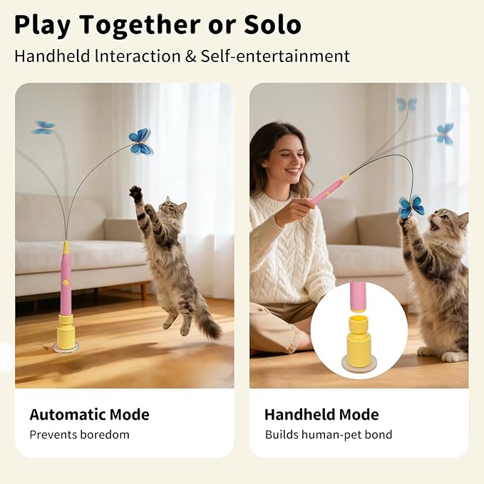 Interactive Cat Toys for Indoor Cats, Automatic Cat Wand Toy Enrichment for Bored Kitten, Spin Butterfly with Self-Holding Suction Base, Rechargeable Electric Moving Feather Stimulating Toy
