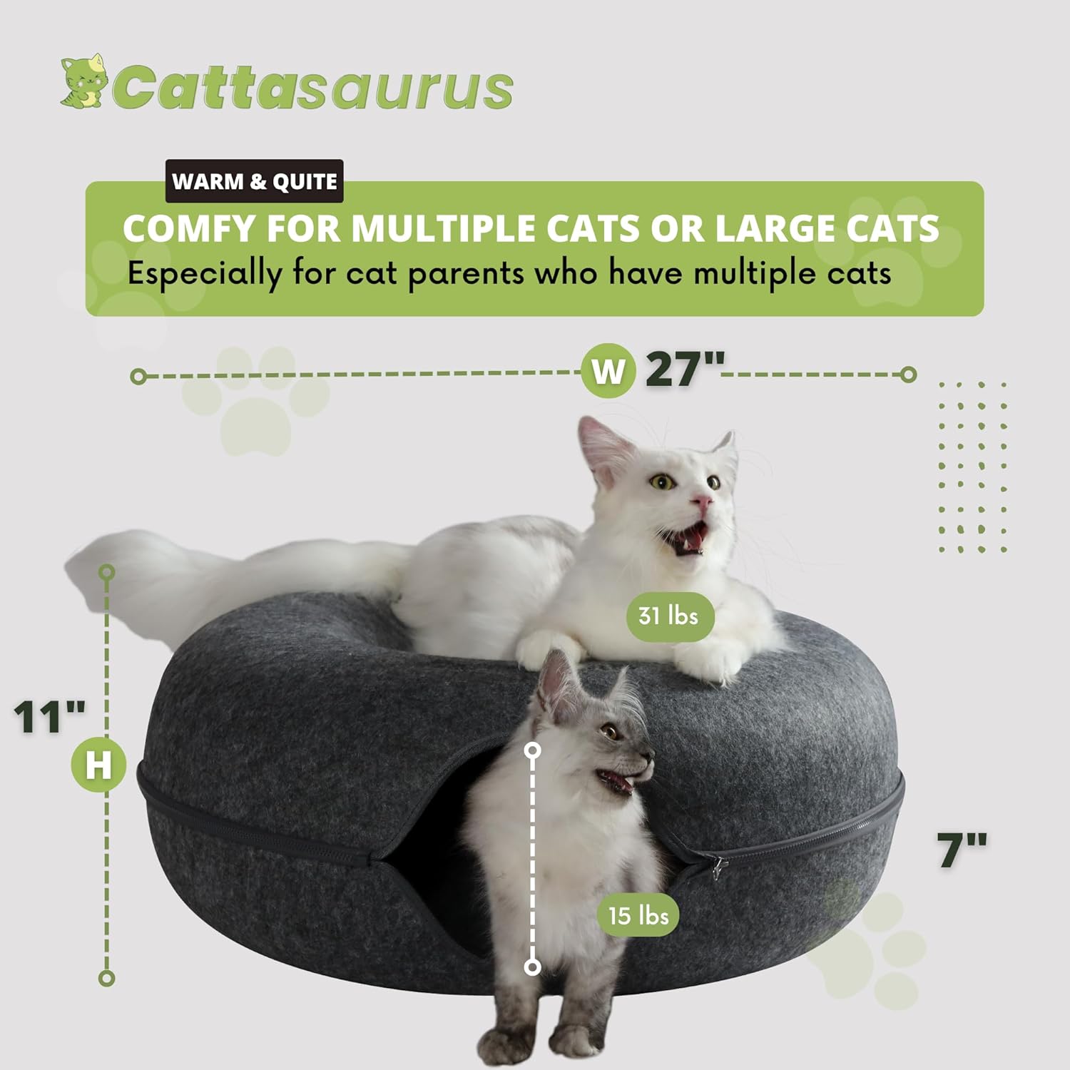 Cattasaurus Peekaboo Cat Cave, Extra Spacious for Multiple & Large Cats 12+ lbs, Scratch Detachable Beds for Indoor Cats, Washable Tunnel Bed, Comfy Cat Donut Tunnel (Dark Gray+Dark Gray, Jumbo) - Pet Explorer