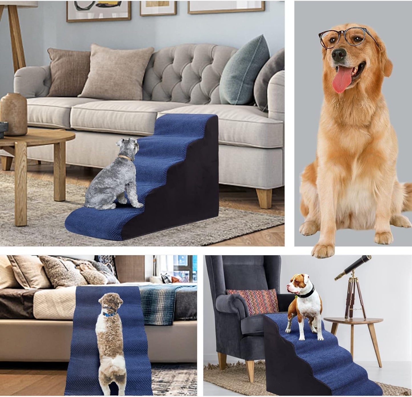 Dog Steps&Stairs for High Beds 24.4 inches High Up to 24-28 inches Bed, Tall Extra Wide Pet Stairs/Steps for High Bedsides,Non-Slip Dog Ramps for Small Older Dogs/Cats(Blue) - Pet Explorer
