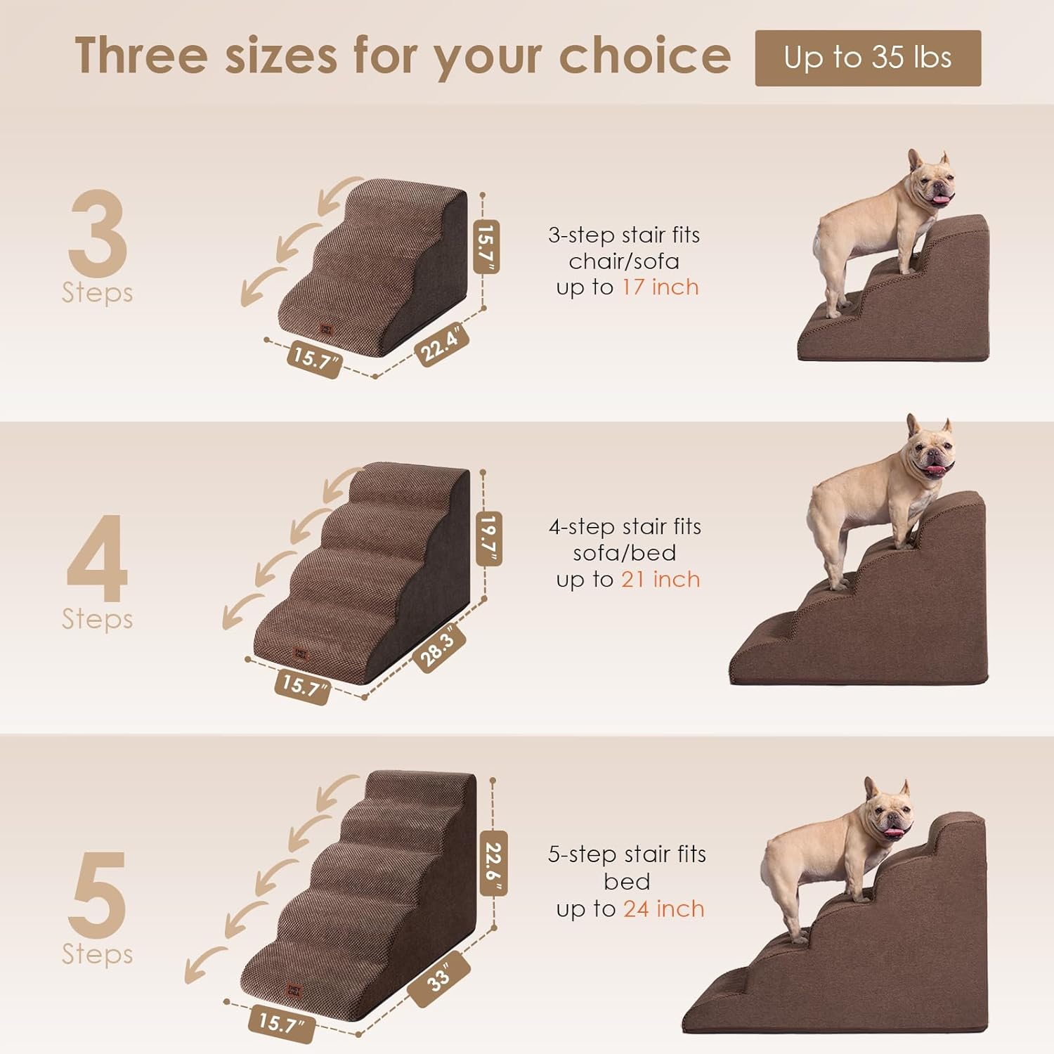 EHEYCIGA Curved Dog Stairs Ramp for High Beds 19.7" H, 4-Step Dog Steps for Small Dogs and Cats, Pet Stairs for High Bed Climbing, Non-Slip Balanced Pet Step Indoor, Brown - Pet Explorer