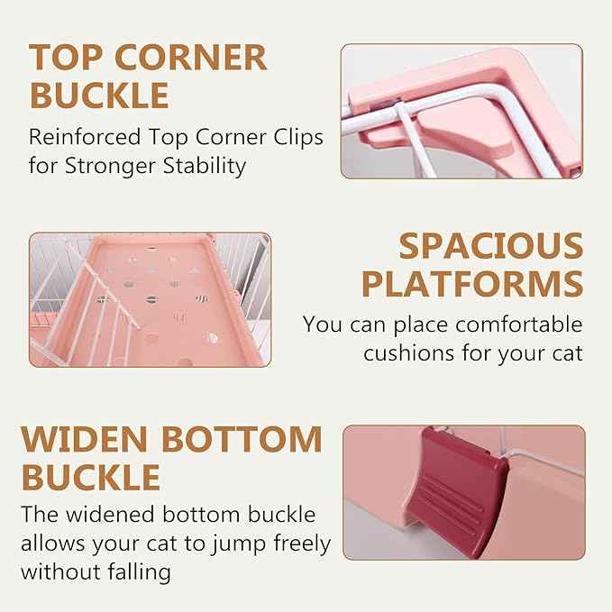 Cat Cage 2-Tier Indoor Cat Enclosure with Widen Bottom Buckle & Reinforced Locking Clamps DlY Cat Playpen for 1-2 Cats & Small Pets,33" Lx 24" W X 43" H (Pink, Two-Tier43)
