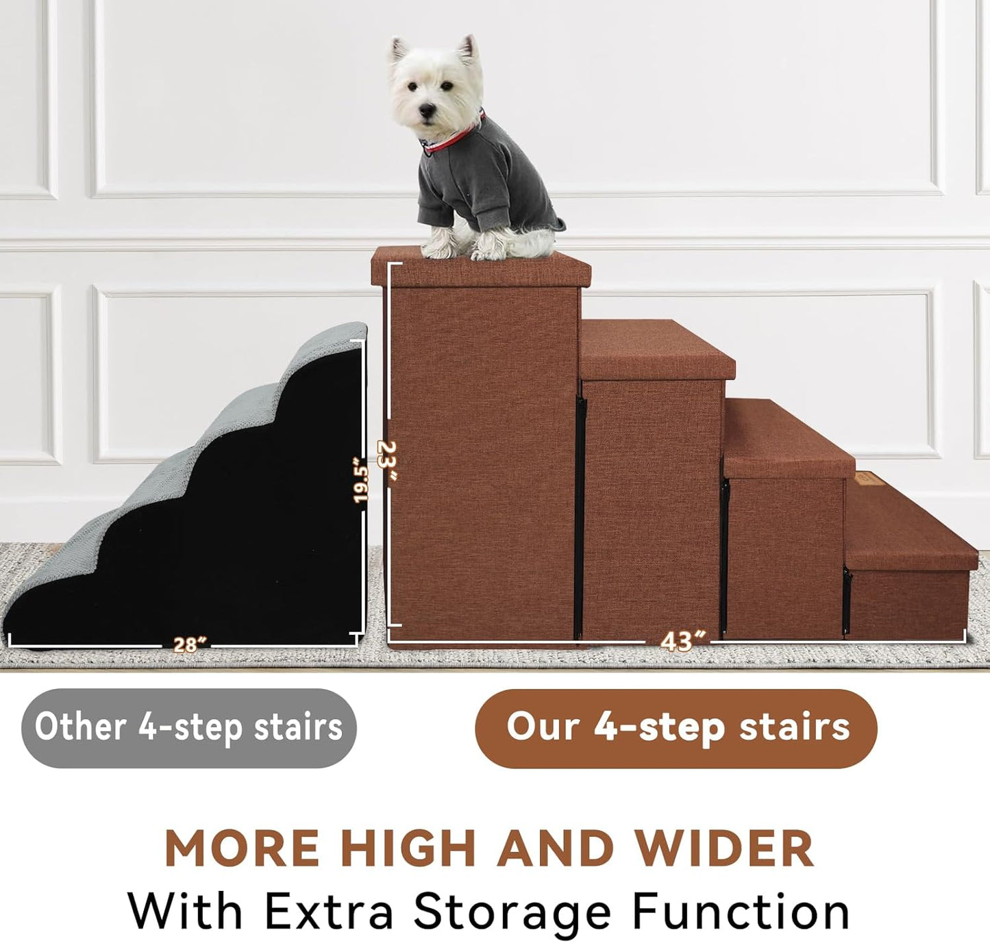 Dog Stairs with Storage 23" H, 4-Step Wider Dog Steps for High Beds Window, Folding Sturdy Pet Stairs Gift for Small/Medium/Large Old Dogs Cats, Ramp for Climbing Car Up to 200 lbs, Brown - Pet Explorer