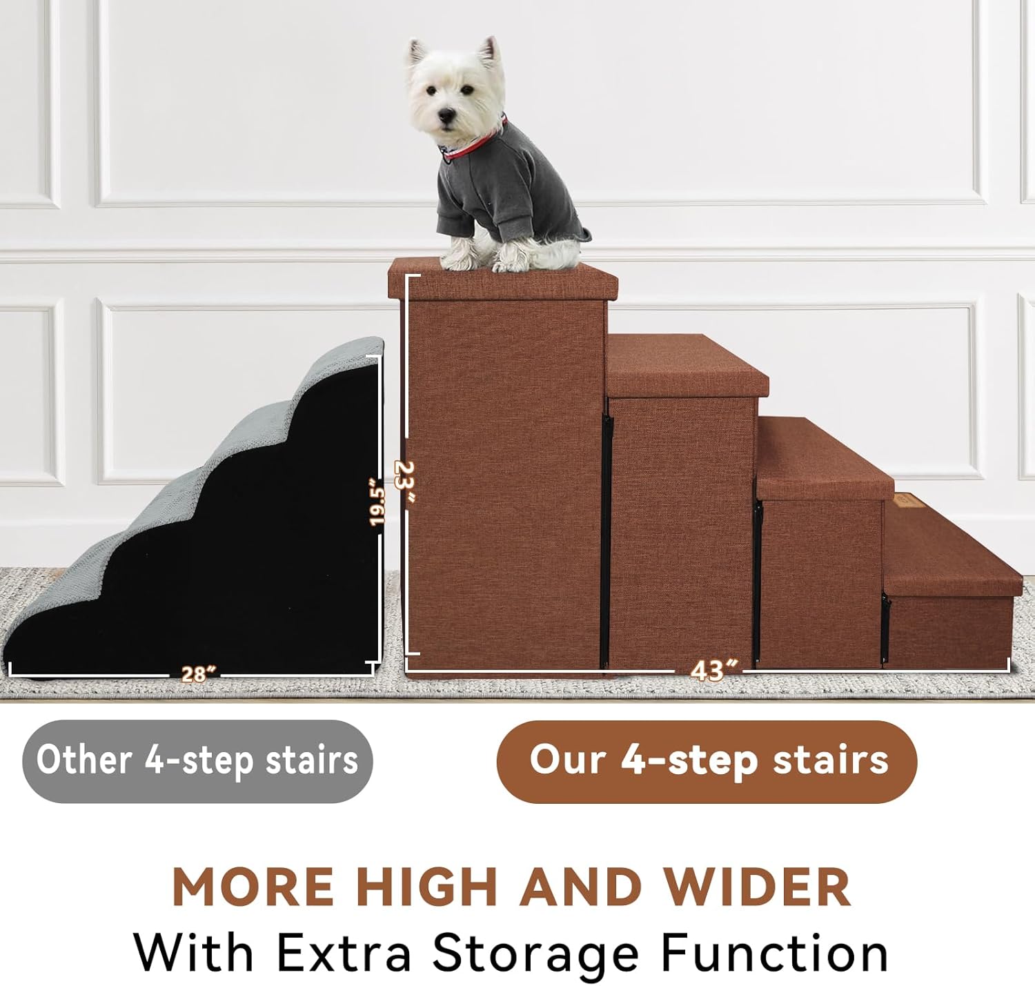 Dog Stairs with Storage 23" H, 4-Step Wider Dog Steps for High Beds Window, Folding Sturdy Pet Stairs Gift for Small/Medium/Large Old Dogs Cats, Ramp for Climbing Car Up to 200 lbs, Brown - Pet Explorer