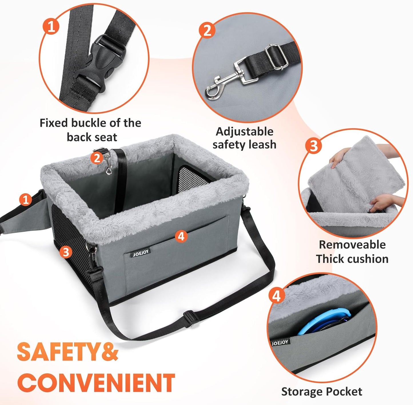 JOEJOY Deluxe Dog Booster Seat with Sturdy Metal Frame and Safety Leash for Small Pets up to 20 lbs - Portable Puppy Dog Car Seat with Thick Cushion and Storage Pockets for Small Dogs - Pet Explorer