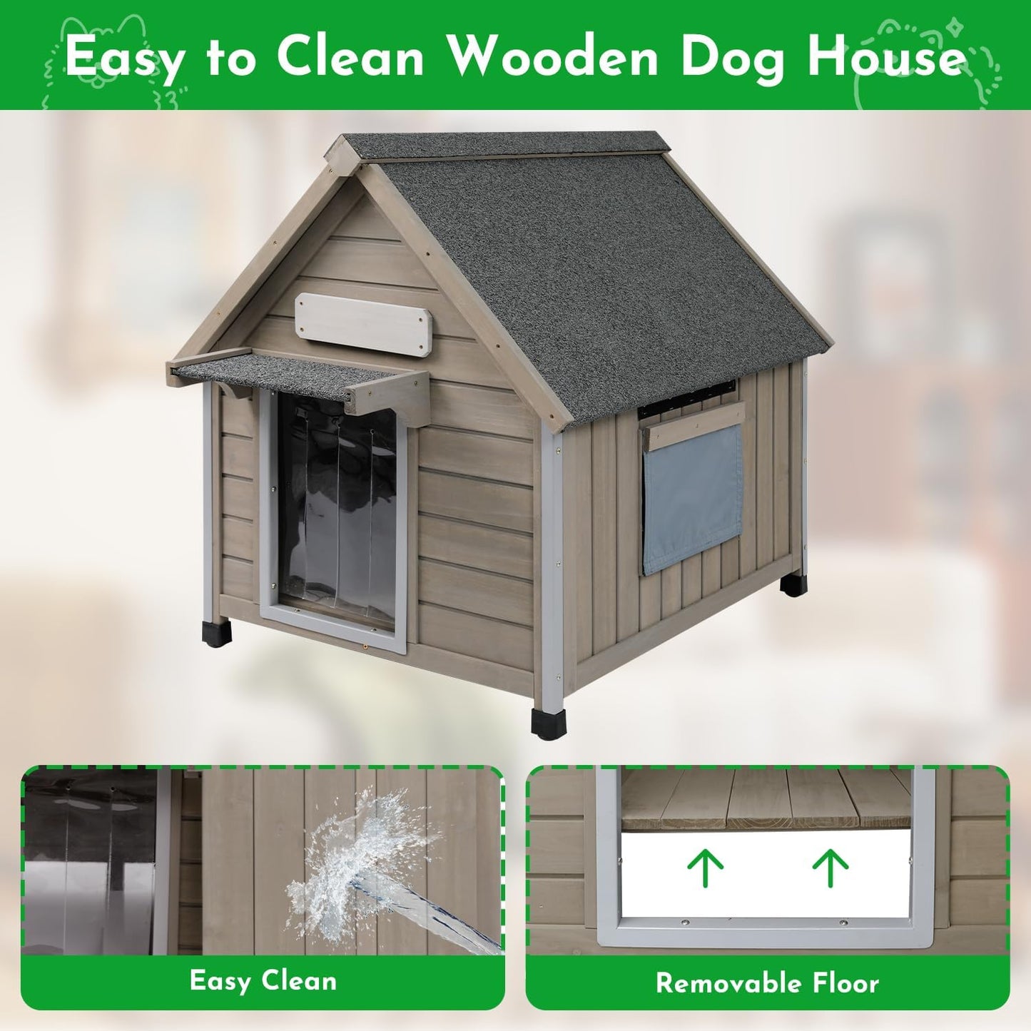Outdoor Dog House Weatherproof Large Wooden Dog Kennel Indoor for Small Dogs with Chew-Proof Frame, Oxford Fabric Window, Removable Floor Pet Shelter (Grey, 26" D x 31.9" W x 32" H) - Pet Explorer