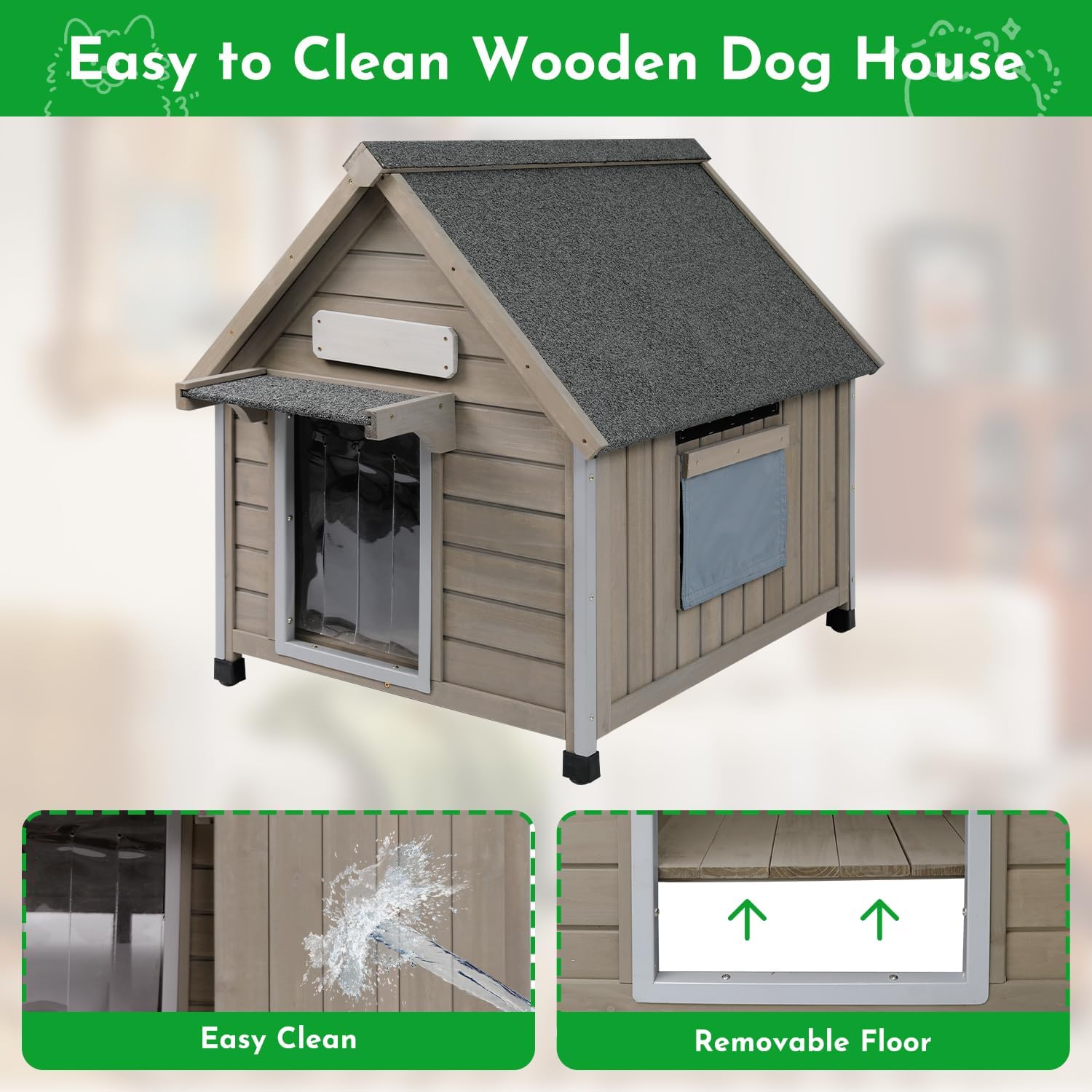 Outdoor Dog House Weatherproof Large Wooden Dog Kennel Indoor for Small Dogs with Chew-Proof Frame, Oxford Fabric Window, Removable Floor Pet Shelter (Grey, 26" D x 31.9" W x 32" H) - Pet Explorer
