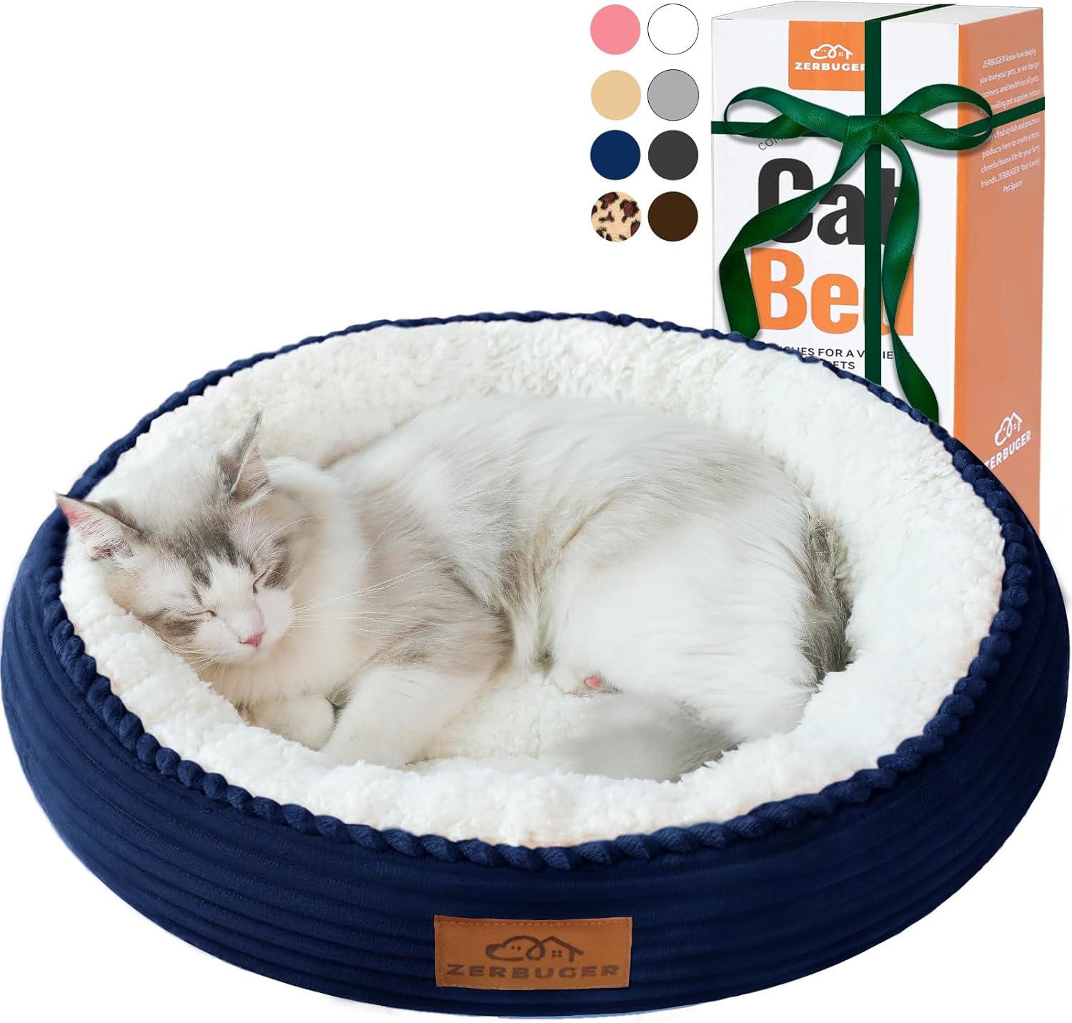 20in Washable Cat Beds for Indoor Cats - Round Donut Pet Bed for Cats, Small Dogs, Puppy, Kitten - Anti-Slip Bottom, Calming Bed Gift - Navy Blue - Pet Explorer