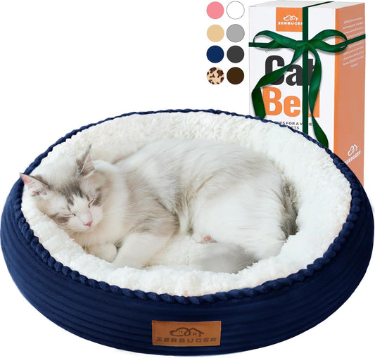 20in Washable Cat Beds for Indoor Cats - Round Donut Pet Bed for Cats, Small Dogs, Puppy, Kitten - Anti-Slip Bottom, Calming Bed Gift - Navy Blue - Pet Explorer