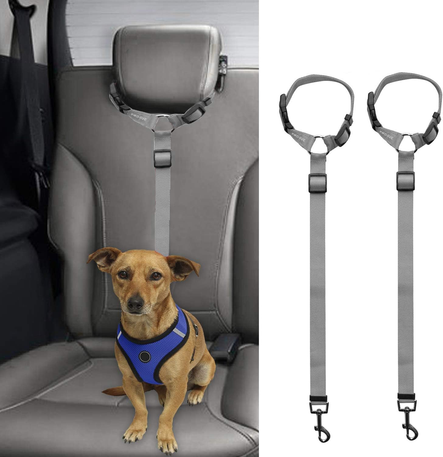 BWOGUE 2 Packs Dog Cat Safety Seat Belt Strap Car Headrest Restraint Adjustable Nylon Fabric Dog Restraints Vehicle Seatbelts Harness Grey - Pet Explorer