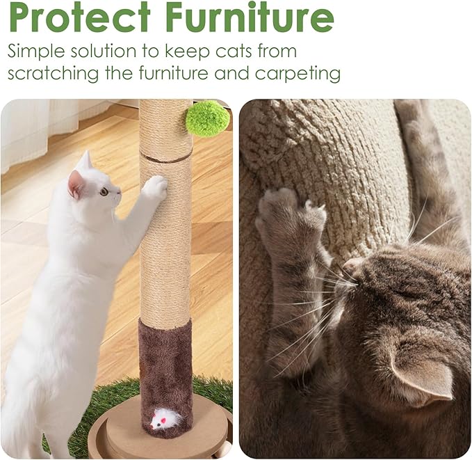 Cat Scratching Post, 35 Inch Tall Cat Scratcher Cat Tree Tower with Hanging Ball for Indoor Cats Adults,Fiddle Leaf Sisal Rope Kitten Scratch with Interactive Mouse Cat Toy