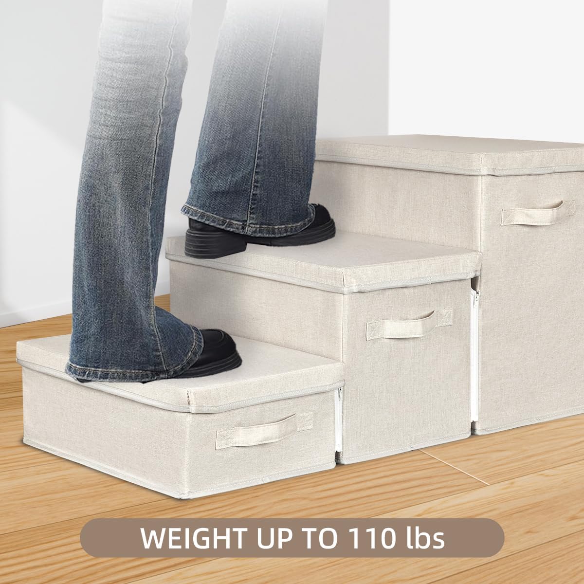 Pet Stairs with Storage, Pet Step for Small Dogs and Cats, 3-Step Folding Pet Steps with Zip, Cat Stairs Dog Steps for Bed, Couch and Car Ramp (Beige, 3 Steps no Condo) - Pet Explorer