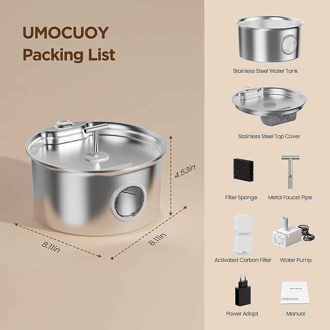 Cat Water Fountain Stainless Steel: Cat Fountain for Drinking with Filter - Pet Water Fountain for Cats Indoor - Automatic Pet Water Dispenser Bowl - 6 Carbon Filters & 3 Foam Filters