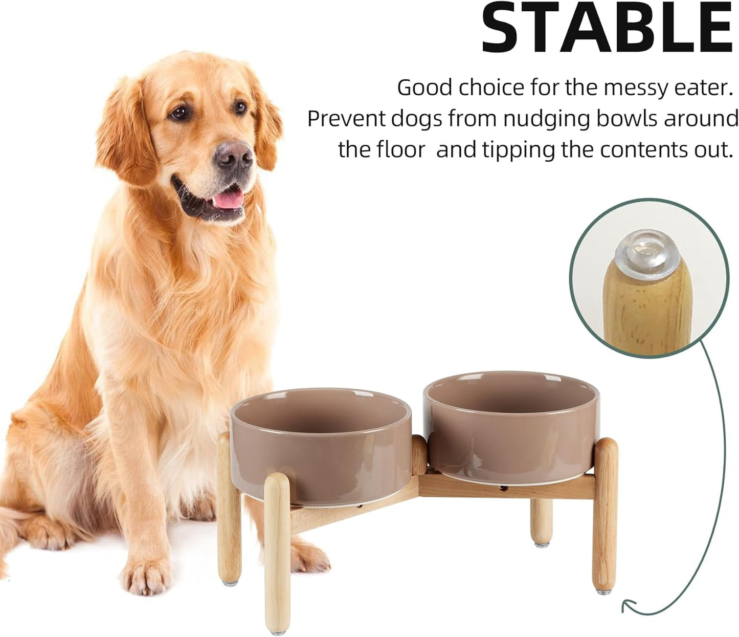 Ceramic 7.3inch Raised Double Bowls Set with Wooden Stand, Food & Water Bowls for Medium Breed Dogs, Weighted Dog Dishes, Pet Feeder(Brown Coffee) - Pet Explorer