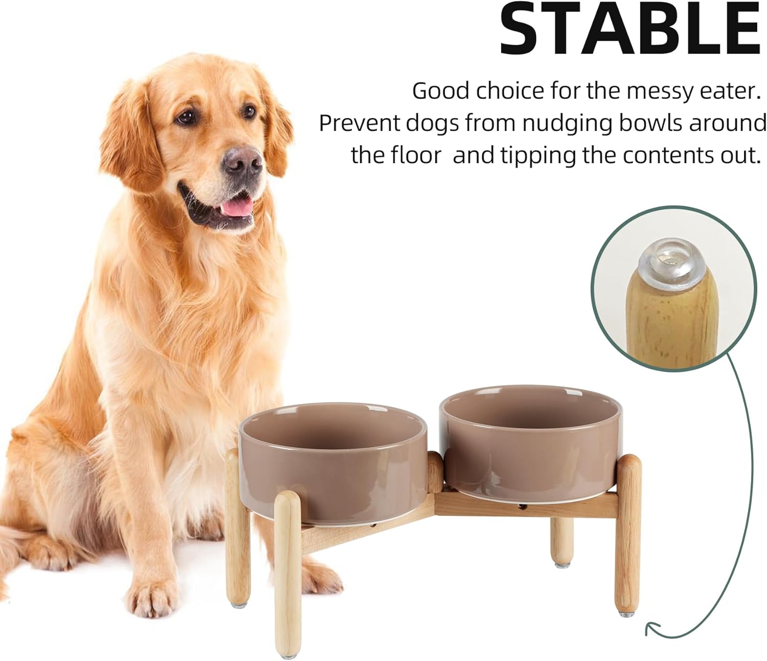 Ceramic 7.3inch Raised Double Bowls Set with Wooden Stand, Food & Water Bowls for Medium Breed Dogs, Weighted Dog Dishes, Pet Feeder(Brown Coffee) - Pet Explorer