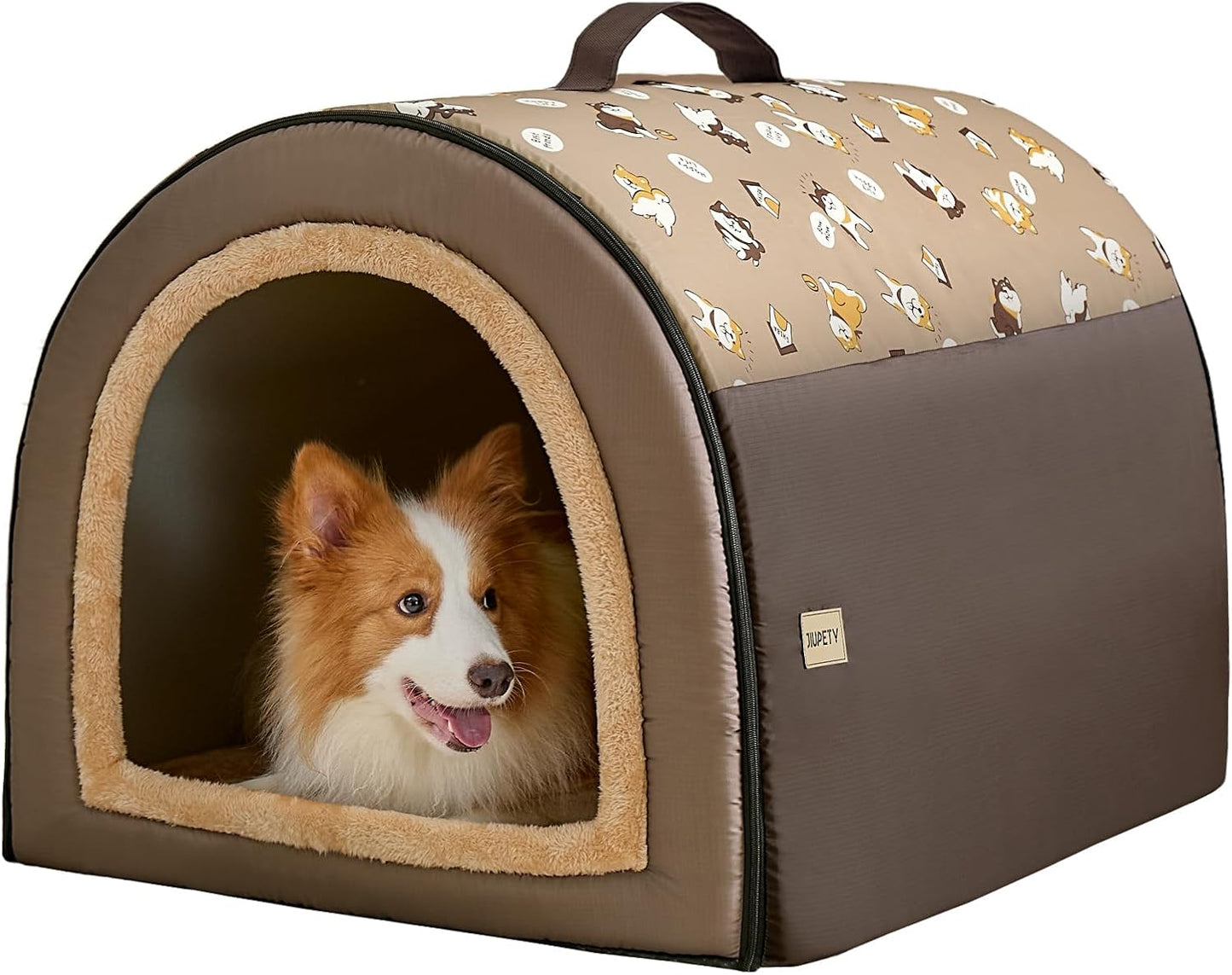 Jiupety 2 in 1 Dog House Indoor, Comfy Cave Bed Covered Dog Bed, Portable House for Medium and Large Dogs, 2XL(35"×27"×26"), Up to 70 Lb, Brown - Pet Explorer