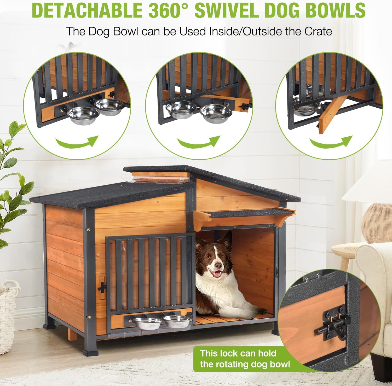 Heated Dog House Outdoor with Bowls Weatherproof Dog Kennel with Heating Pad Anti-Chewing Iron Frame Dog Shelter for Small Medium Dogs(Wooden Brown) - Pet Explorer
