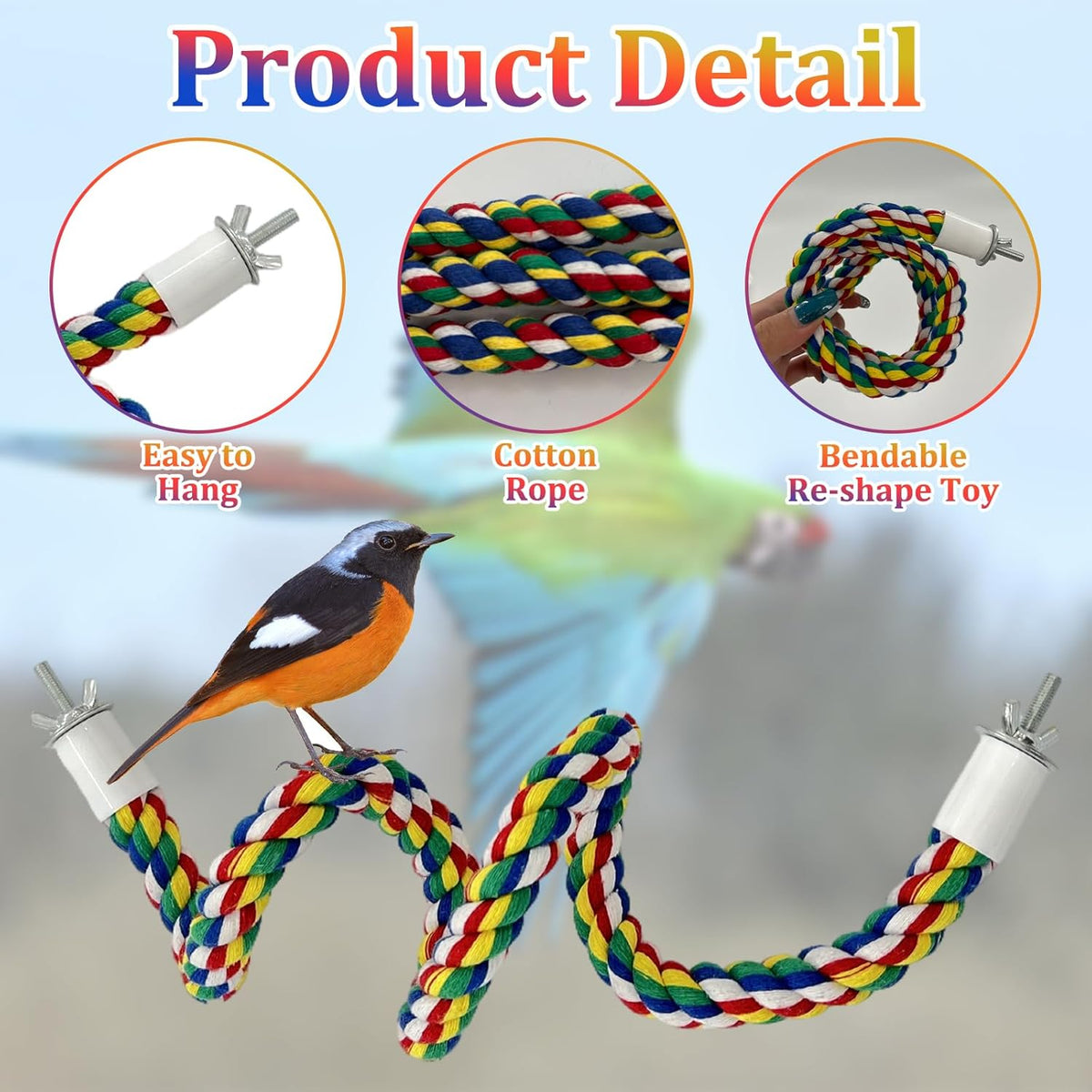 3 Pcs Bird Perch Cage Accessories Perches for Rope Cages Colorful Parrot Ropebird Flexible Parrot Toys (Large + Small) Double-Head Screw Type * 1 + Hook Cotton Rope Type * 1