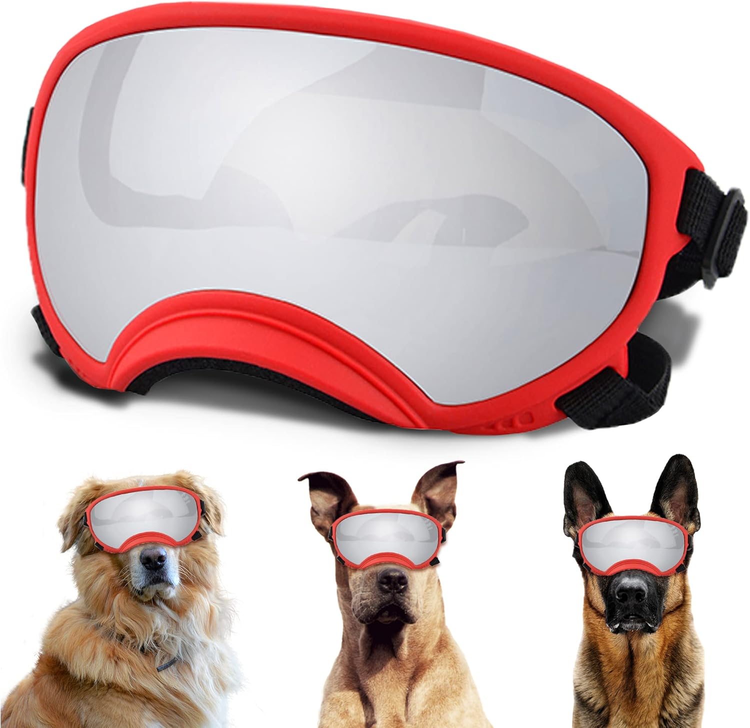 Large Dog Sunglasses with Adjustable Strap UV Protection, Winproof Puppy Sunglasses, Suitable for Medium-Large Pet Glasses, Dogs Eyes Soft Goggles, Red Silver - Pet Explorer