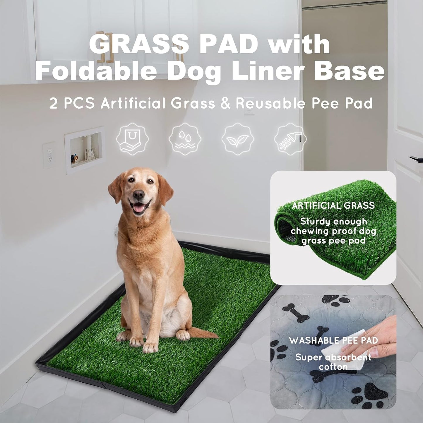 Dog Grass Pad with Foldable Dog Litter Box,Small Liner Base for Balcony，Ultra-Absorbent Artificial Grass Pads for Dogs Pee Pad Holder, Potty Training, 2 PCS Reusable Pee Pads - Pet Explorer