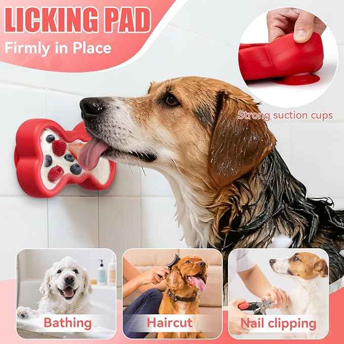 Lick Mat for Dogs, Animire Anti-Spilled Bow Tie Lick Bowls for Anxiety Relief, Silicone Slow Feeder Licking Pad with Suction Cups, Freezeable Dog Enrichment Toy for Boredom and Distraction(Red,L)
