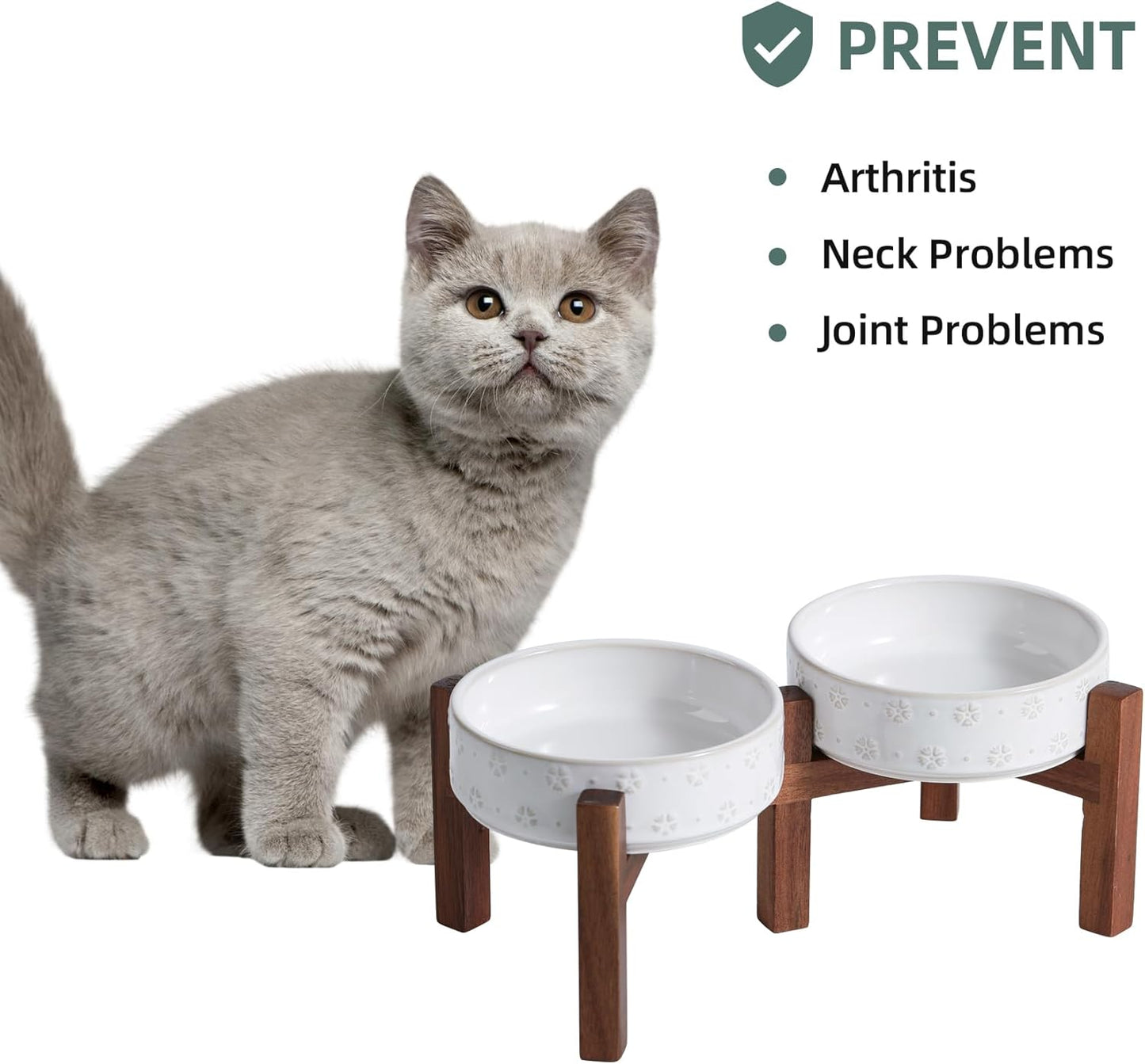 6.1inch Ceramic Raised Double Bowls Set with Acacia Wood Stand, 2 Heights Elevated, Food & Water Bowls for Toy Breed Dogs, Kitty, Cats, Pet Bowl(13.5OZ, Arctic White) - Pet Explorer