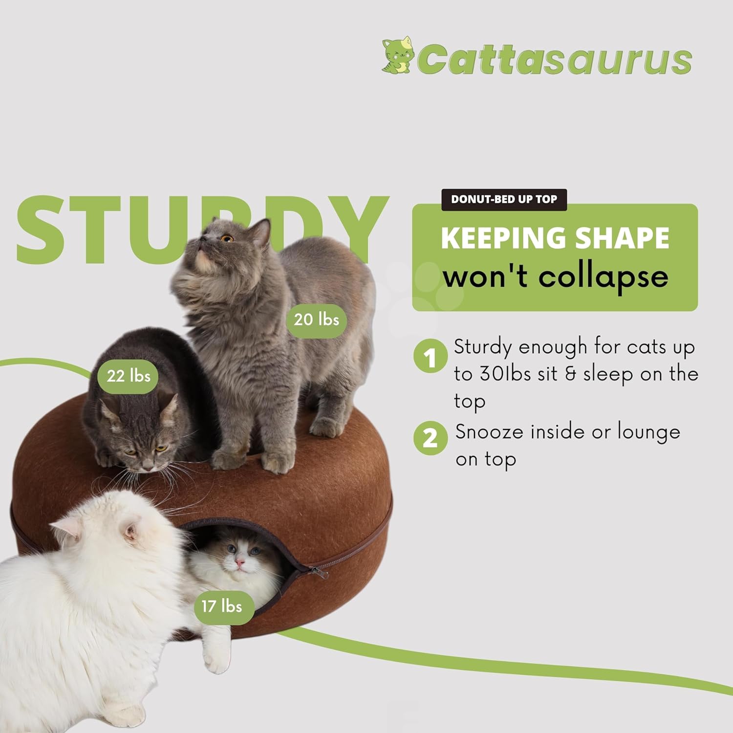 Cattasaurus Peekaboo Cat Cave for Multiple & Large Cats Up to 30-45 Lbs, Scratch Detachable & Washable Tunnel Bed, Comfy Donut Cat Cave (Brown, Large) - Pet Explorer