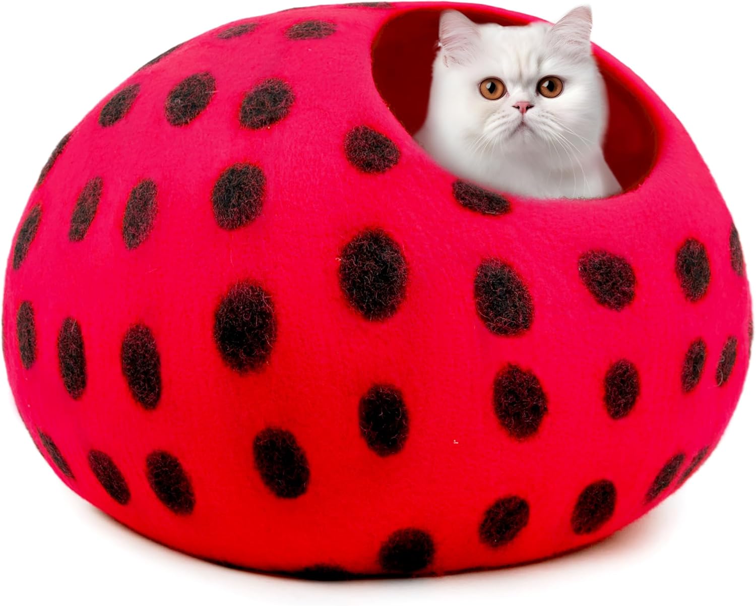 Woolygon Premium Felt Cat Cave Bed - Polka Dot Series - Wool Kitty Beds Handcrafted Kitten Caves Bed for Indoor Cats - Eco-Friendly Merino Wool, Foldable Cat Hideaway Cat Houses (Red/Black Dots) - Pet Explorer
