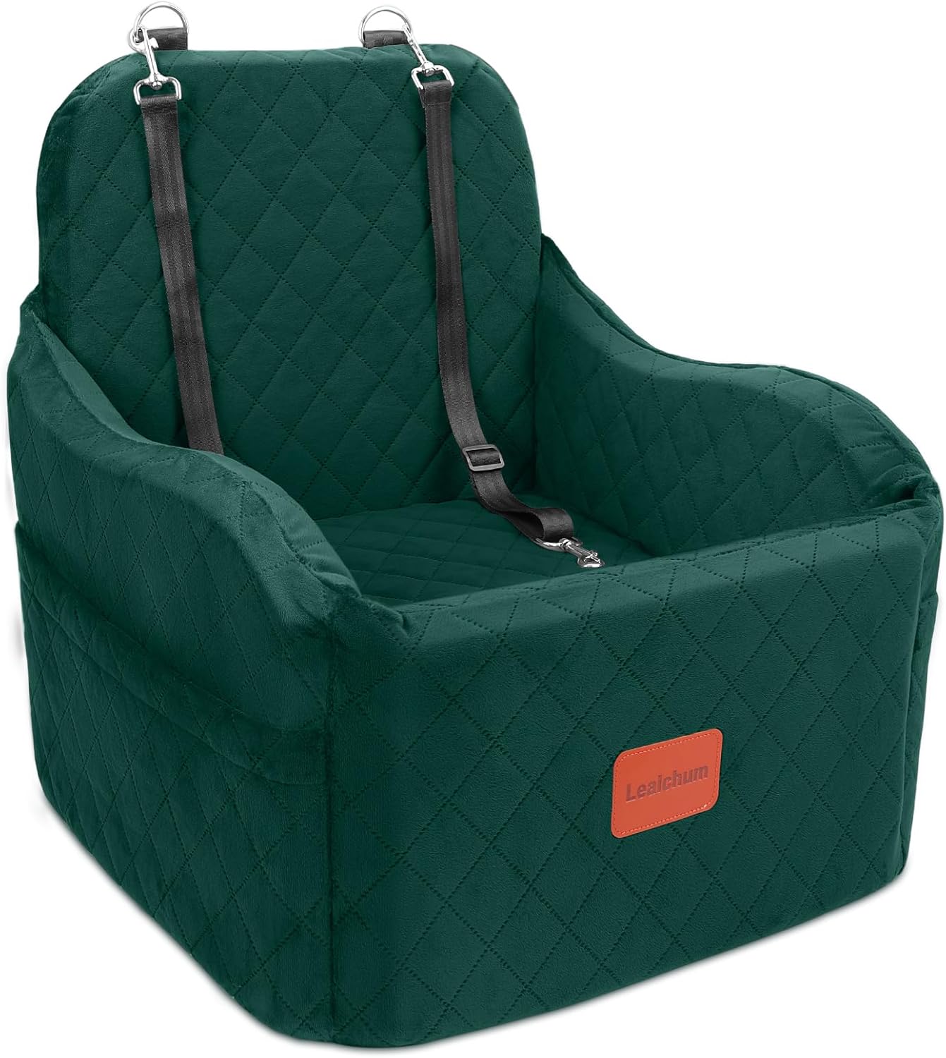 Dog Booster Car Seat for Small/Medium Dogs,6in Elevated Cushion,Fully Detachable and Washable,2 Storage Pockets & 3 Straps,Fits in Front/Back Seat,Easy to Install (Green,Medium) - Pet Explorer