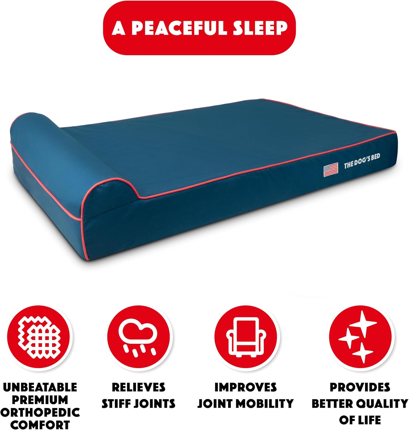 The Dog’s Bed Orthopedic Headrest Dog Bed XXL Blue Oxford with Red Trim US Flag 54x36, Memory Foam, Hip & Elbow Dysplasia, Post Surgery, Lameness, Veterinary Approved, Waterproof Washable Cover - Pet Explorer