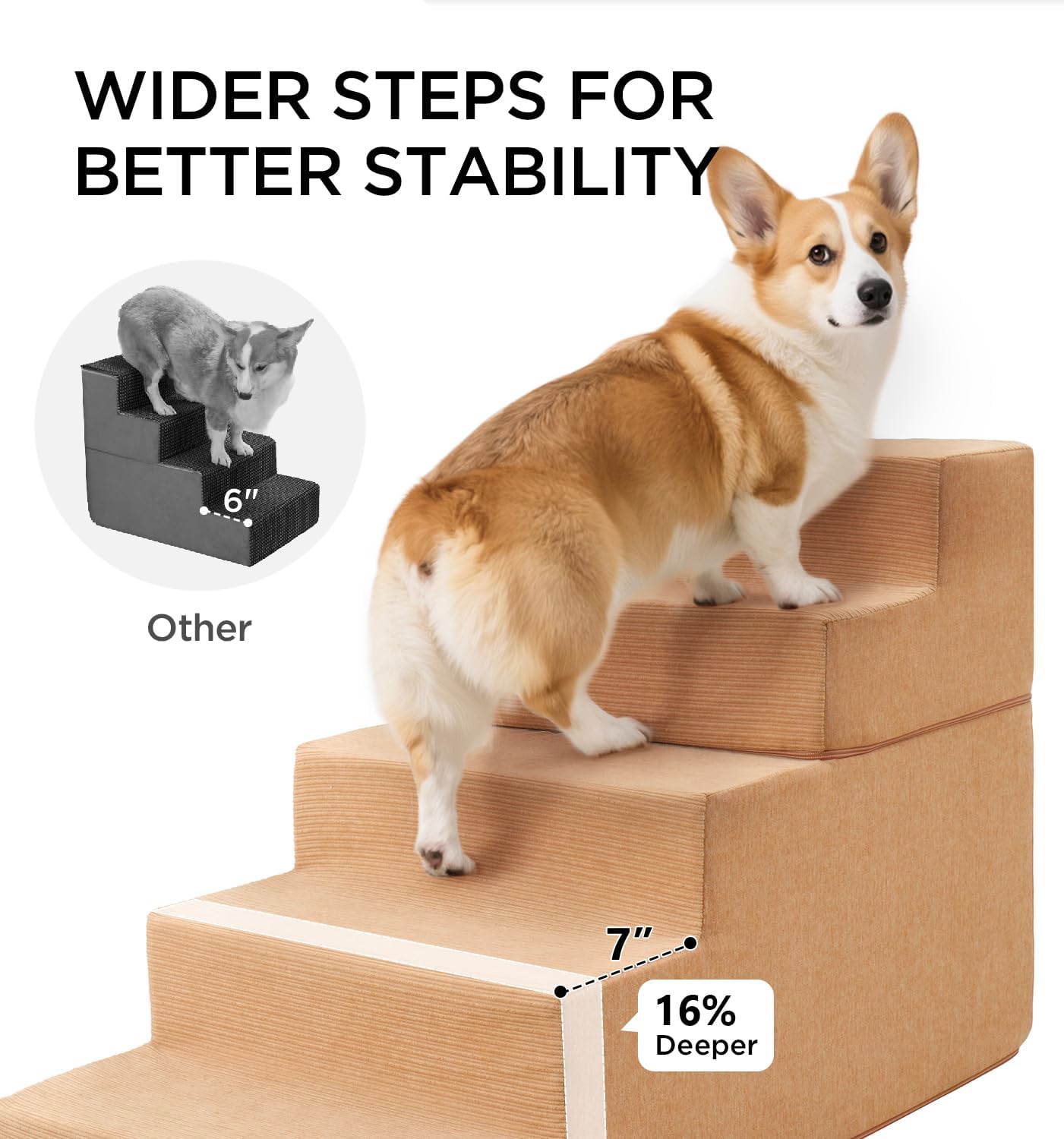 Made4Pets Dog Stairs for Small Dogs, Extra Wide Dog Steps for Bed Couch Sofa and Chair, 35D Foam Pet Steps for Small Dogs and Cats, Non-Slip Bottom Pet Stairs, Tan, 3 Steps - Pet Explorer