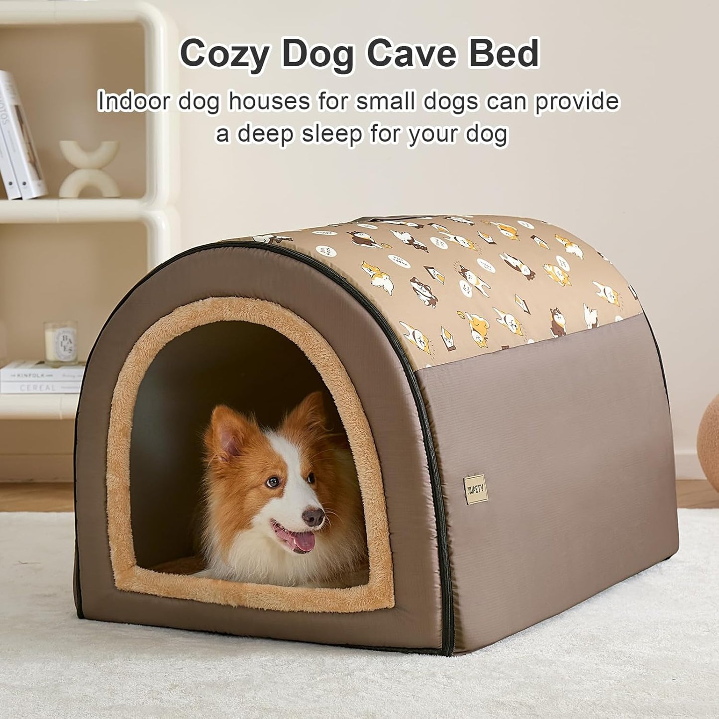 Jiupety 2 in 1 Dog House Indoor, Comfy Cave Bed Covered Dog Bed, Portable House for Medium and Large Dogs, 2XL(35"×27"×26"), Up to 70 Lb, Brown - Pet Explorer