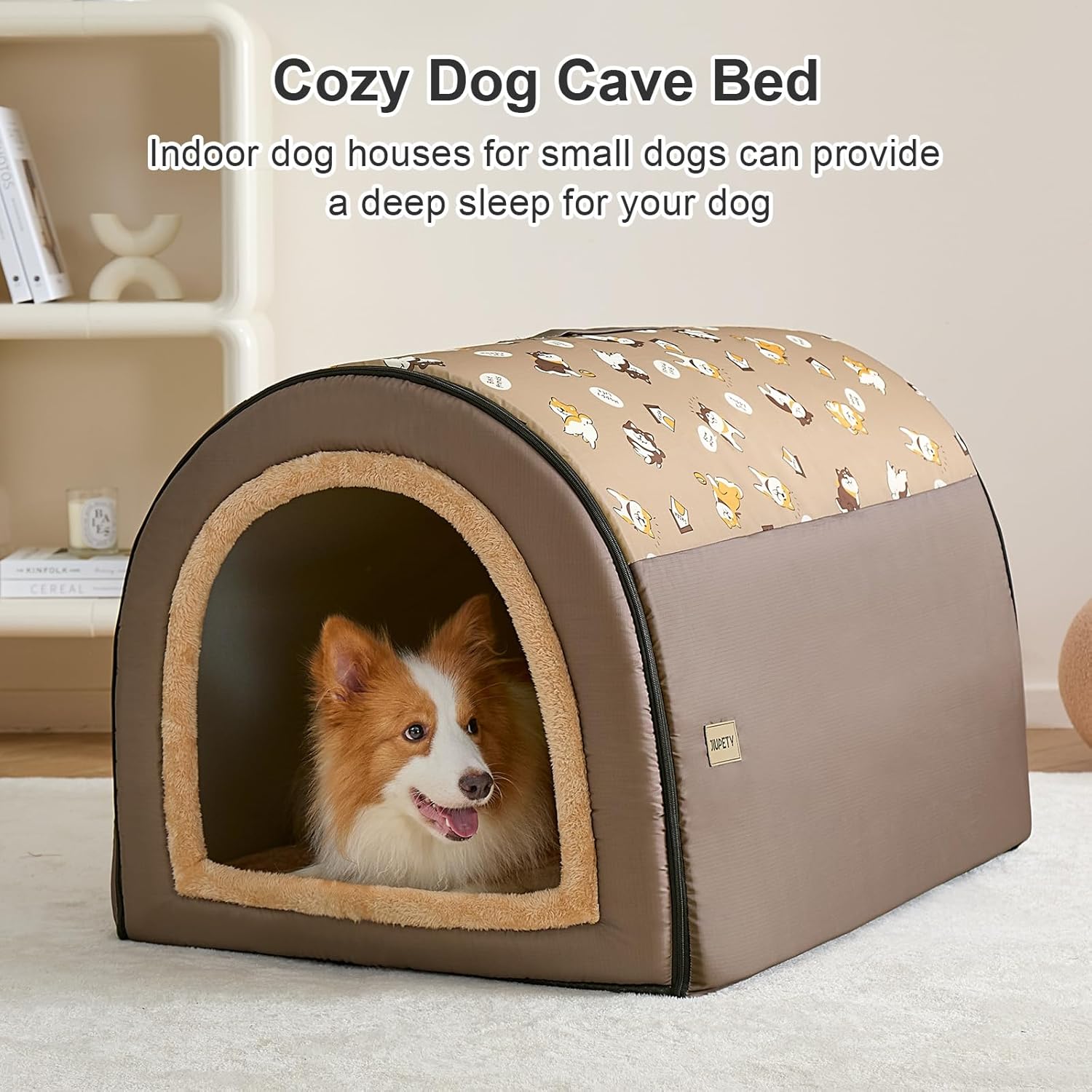 Jiupety 2 in 1 Dog House Indoor, Comfy Cave Bed Covered Dog Bed, Portable House for Medium and Large Dogs, 2XL(35"×27"×26"), Up to 70 Lb, Brown - Pet Explorer